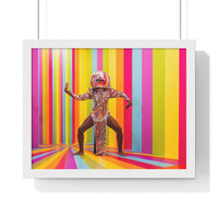 Dancer with a disco ball instead of head captured in movement in a striped colorful space