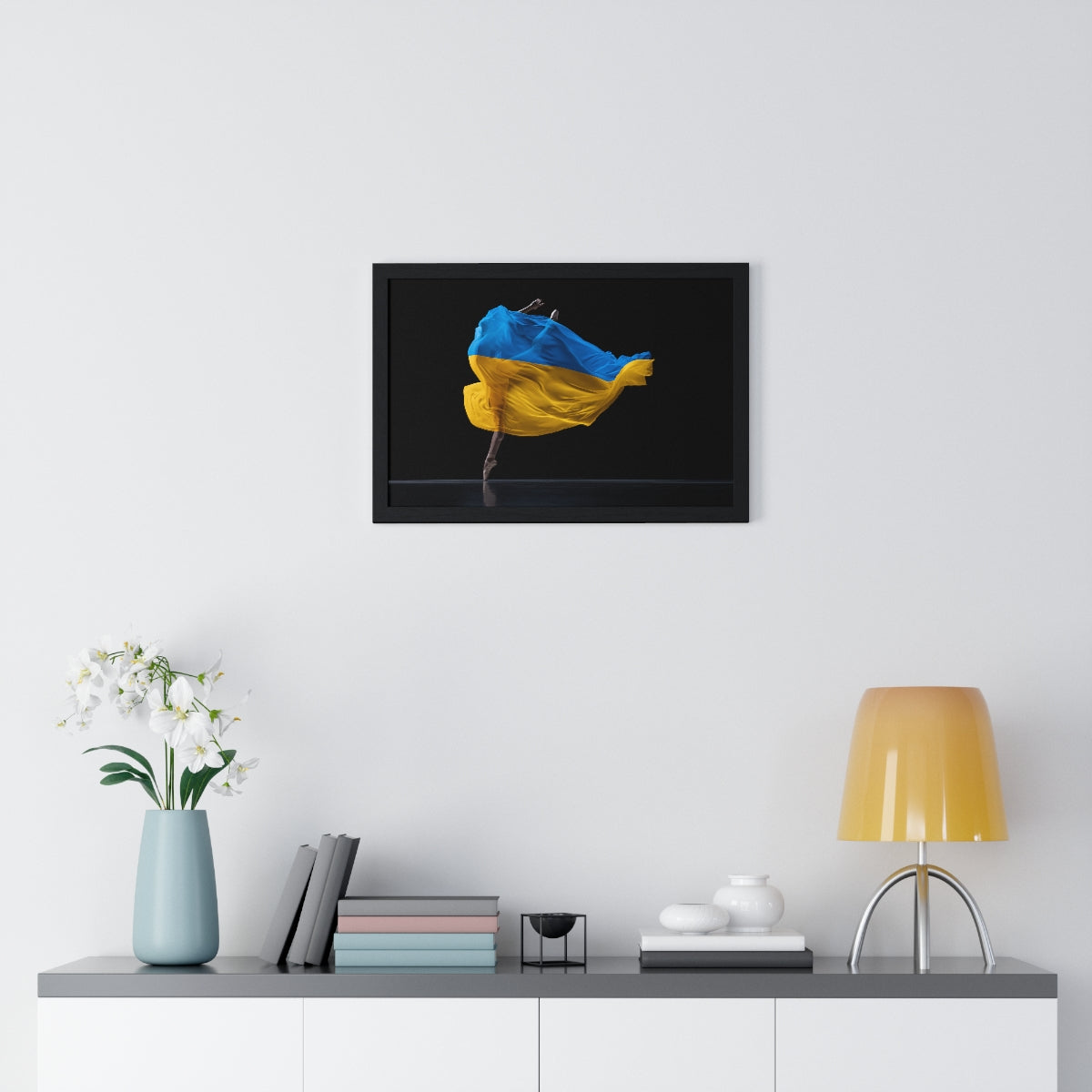 Ballerina dancing with Ukraine flag - Framed Print