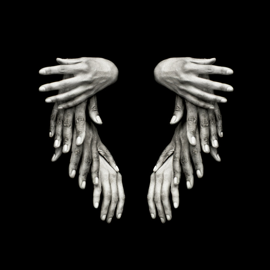 8 hands, mirroring, symmetry, black and white, black background, art print.