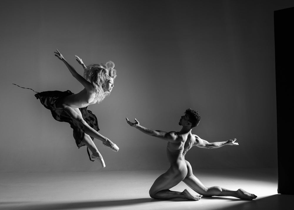 dancers print duet black and white nude