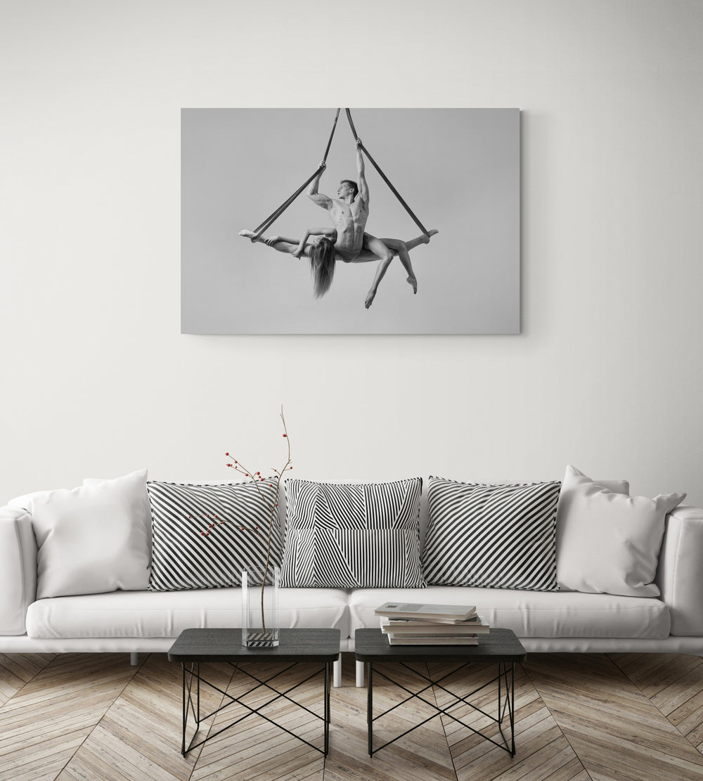 Couple, acrobats, hanging, silk, aesthetically breathtaking, fit bodies, artistic, sexy. black and white photo print. Art on a living room wall, modern design.