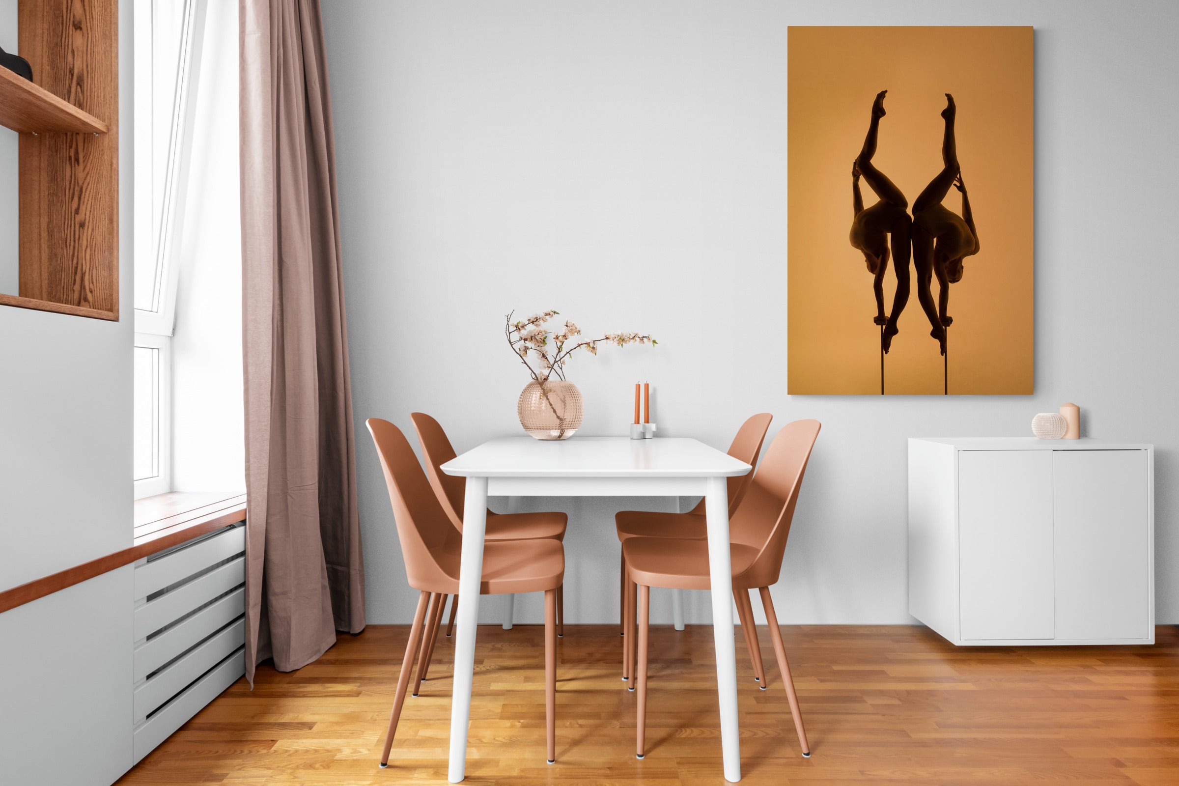 Couple, gymnast, mirroring, split, flexibility, orange light, sexy, legs. Art photo print on the dining room wall.