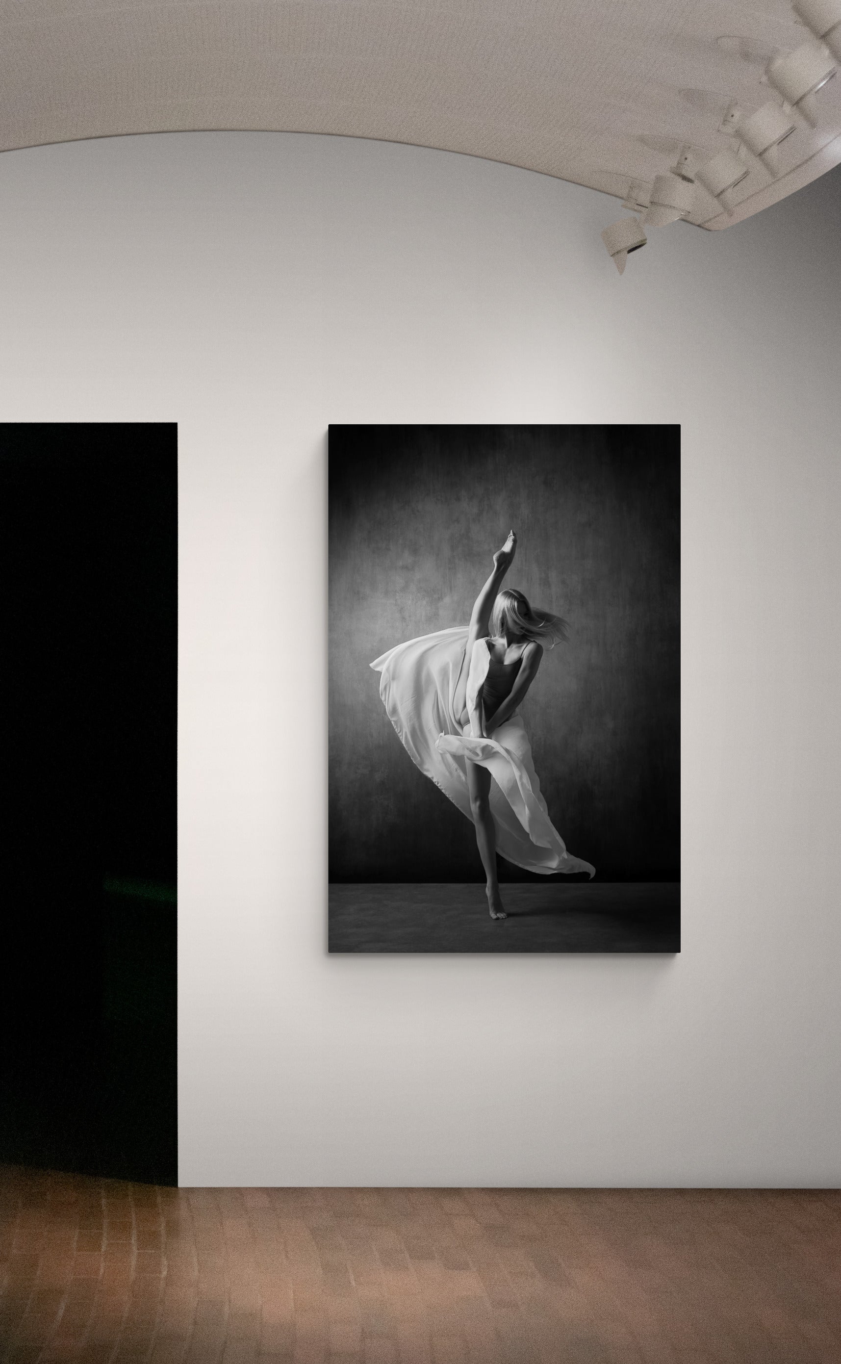 Dancing, ballerina, sexy, movement, flexibility, legs, black and white, dance photography. Art print on the gallery wall.