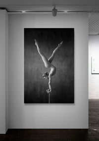 Female, gymnast, acrobat, handstand, vintage, circus. Art print on the gallery wall.