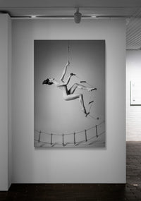 Surreal, female, going-up, stairs, nude, sexy. Art on the gallery wall.