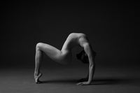 Print image of a female gymnast, contortion, artistic, aesthetic. Photo print studio, colors black and white.