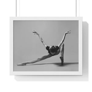 ballerina en-pointe perfoming a movement towards the floor; one leg is open straight on the side while the other is straight directed en-pointe on the floor. she is looking deeply to the floor like seeing beyond. Her arms are in a position of flying bird. 